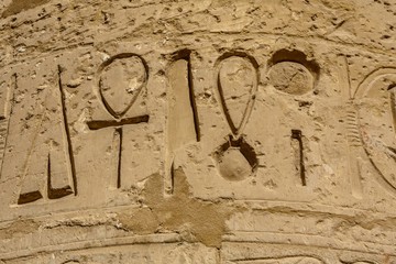 Egyptian ancient hieroglyphs on the stone wall. Closeup of the symbol of eternal life ankh