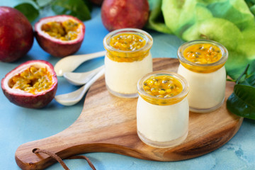 Passion fruit Panna cotta with passion fruit jelly, Italian dessert, homemade cuisine.