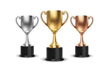 Vector Blank Golden, Silver and Bronze Champion Cup Set Closeup Isolated on White Background. Design Template of Championship Trophy. Sport Tournament Award, Winner Cup and Victory Concept