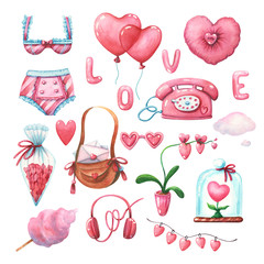 hand drawnn pink watercolor valentine's day set
