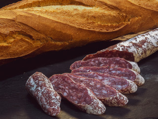 Close-up of Spanish extra sausage fuet made with Iberian pork meat