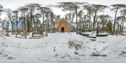 full seamless winter hdri panorama 360 degrees angle in equirectangural spherical cube projection. 360 panorama of crosses and small church in old cemetery, VR AR content