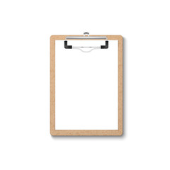 Vector 3d Realistic Brown Craft Clipboard with Blank Paper, Metal Clip Icon Closeup Isolated on White Background. Design Template for Notes, Mockup, Checklist, Questionnaire, Reminders
