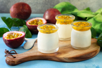 Passion fruit Panna cotta with passion fruit jelly, Italian dessert, homemade cuisine.