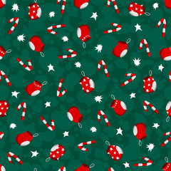 Christmas seamless pattern with candy cane sock star sparkle on green background vector colorful decoration