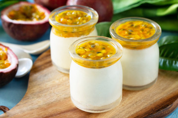 Passion fruit Panna cotta with passion fruit jelly, Italian dessert close-up, homemade cuisine.