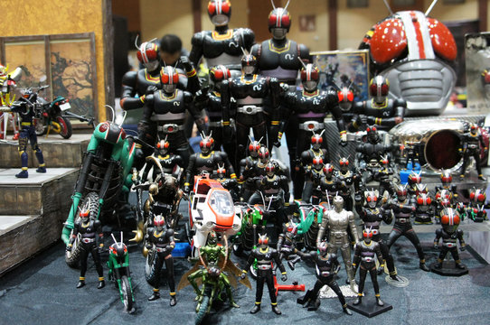 KUALA LUMPUR, MALAYSIA -JUNE 22, 2019: Selected focused on fictional character action figure from Japanese popular series KAMEN RIDER. Displayed for sale by the collector.  