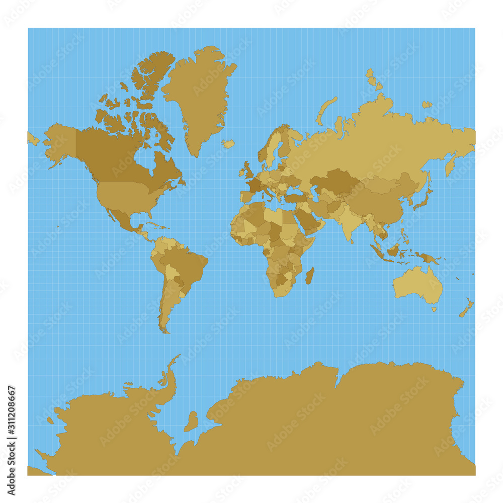 Poster world map. spherical mercator projection. map of the world with meridians on blue background. vector