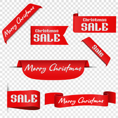 Set of red Christmas and Sale Tags, Merry Christmas labels, Red scrolls, Badges and banners paper isolated, realistic. 