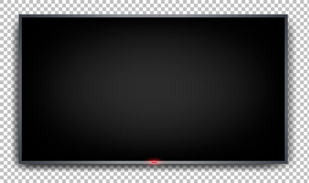 Flat monitor on a transparent background. Wall mounted plasma TV with black screen. Realistic image. Element for dizan. Isolated vector illustration.