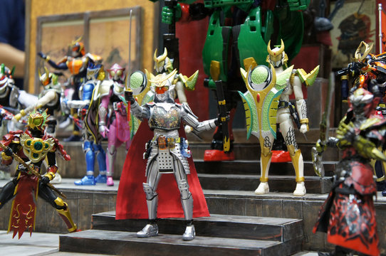 KUALA LUMPUR, MALAYSIA -JUNE 22, 2019: Selected focused on fictional character action figure from Japanese popular series KAMEN RIDER. Displayed for sale by the collector.  