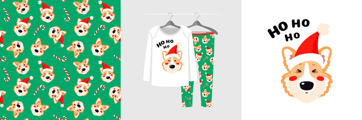 Fototapeta premium Seamless pattern and illustration for kid with Ho Ho Ho Santa corgi dog