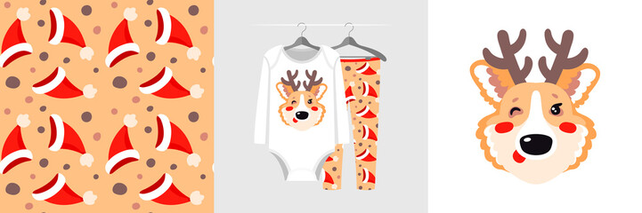 Seamless Christmas pattern and illustration for kid with corgi dog deer attire