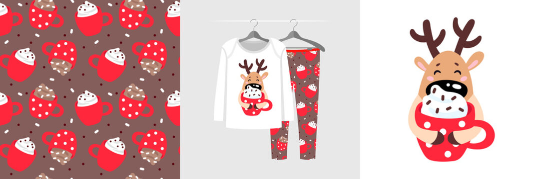 Seamless Christmas pattern and illustration for kid with deer hugs cup of cocoa