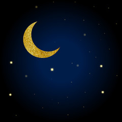 Fototapeta na wymiar Golden month with shining yellow stars on a dark night sky. Simple and elegant texture