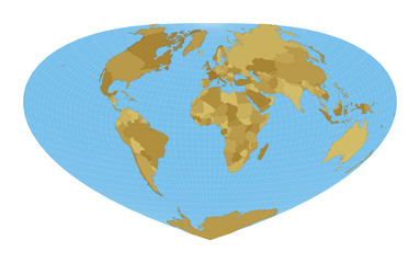 Fototapeta na wymiar World Map. Bottomley projection. Map of the world with meridians on blue background. Vector illustration.
