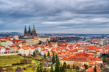 Mala Strana with cathedral and castle in prague with beautiful sky