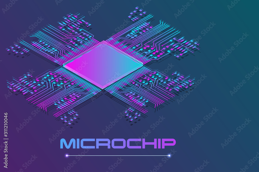 Poster microchip processor with lights on the blue background. ai. circuit board. technology background. ce