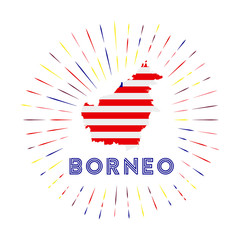 Borneo sunburst badge. The island sign with map of Borneo with Malaysian flag. Colorful rays around the logo. Vector illustration.