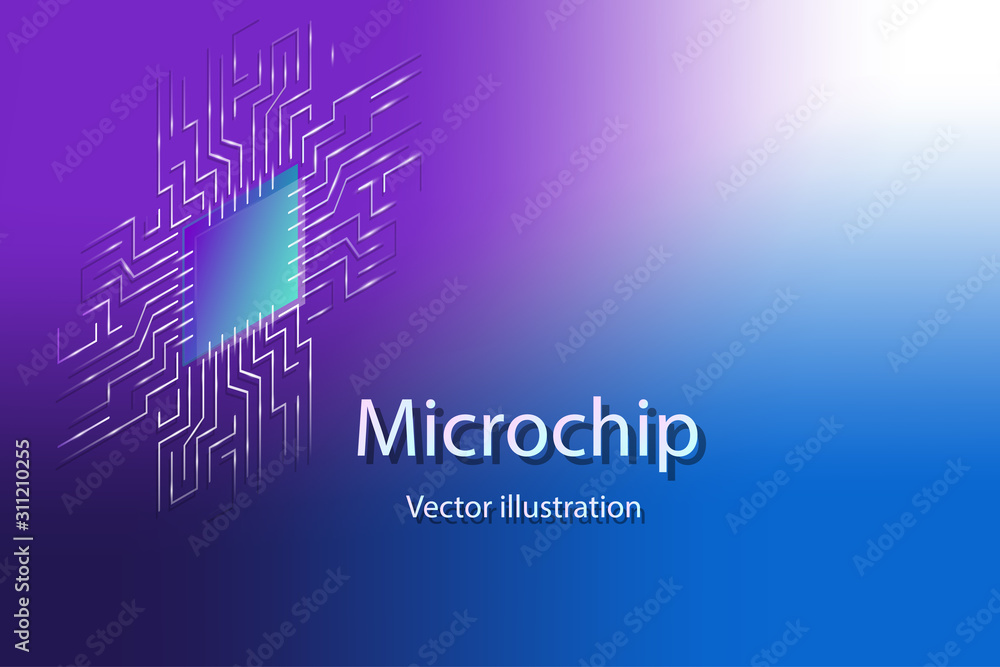 Poster microchip processor with lights on the blue background. ai. circuit board. technology background. ce