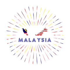 Malaysia sunburst badge. The country sign with map of Malaysia with Malaysian flag. Colorful rays around the logo. Vector illustration.