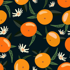 Obraz na płótnie Canvas Mandarin seamless pattern. Vector tangerine with leaves on dark black background. Hand drawn tropical citrus print. Modern retro fashion template for fabrics, wrapping paper, book covers, magazines...