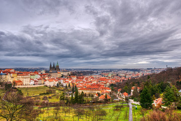 Fototapeta premium orchards of trees and in the background Mala Strana with cathedral and castle prague with beautiful sky