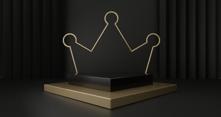 3d render of gold pedestal steps isolated on black background, golden crown stage with gold frame on black round block, abstract minimal concept, blank space, simple clean design, luxury minimalist