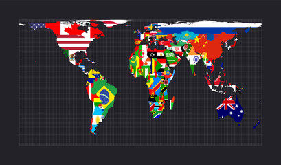 Map of the world with flags. Cylindrical equal-area projection. Map of the world with meridians on dark background. Vector illustration.