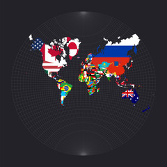 Worldmapwithallcountries andtheirflags. Lagrange conformal projection. Map of the world with meridians on dark background. Vector illustration.