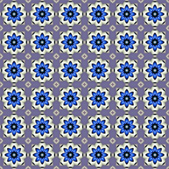 beautiful abstract geometric seamless pattern with blue flowers with a circular ornament on a lilac background