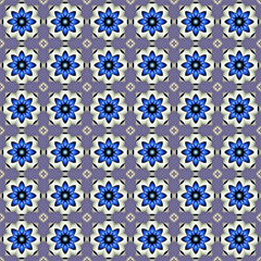 beautiful abstract geometric seamless pattern with blue flowers with a circular ornament on a lilac background