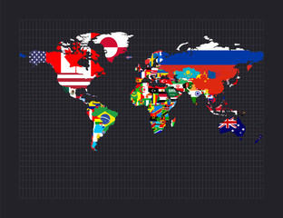 Worldmapwithallcountries andtheirflags. Miller cylindrical projection. Map of the world with meridians on dark background. Vector illustration.