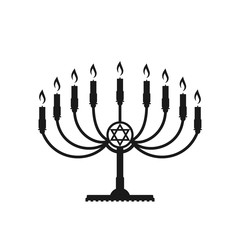 Fototapeta na wymiar The black symbol of Menorah with nine glowing candles is isolated on a white background. The symbol is for the Hanukkah holiday.