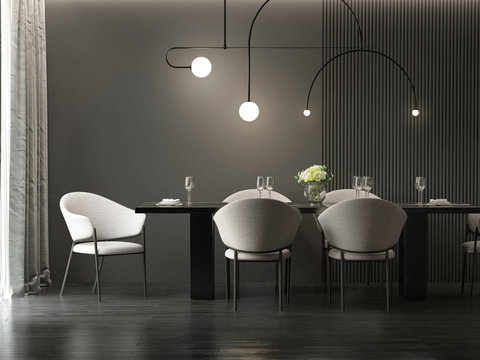 Dark Grey Dining Room With Minimal Hanging Lamp