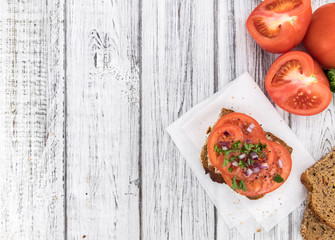Some healthy Tomato Sandwich (selective focus; close-up shot)
