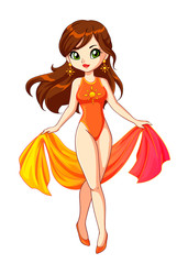 Hand drawn art, anime cartoon style. Girl wearing swimsuit with pareo. Vector illustration.