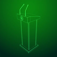 Speaker Podium. White Tribune Rostrum Stand with Microphones. Debate, press conference concept. Wireframe low poly mesh vector illustration