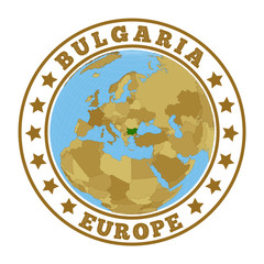 Bulgaria logo. Round badge of country with map of Bulgaria in world context. Country sticker stamp with globe map and round text. Vector illustration.