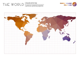 Polygonal map of the world. Patterson cylindrical projection of the world. Purple Orange colored polygons. Modern vector illustration.