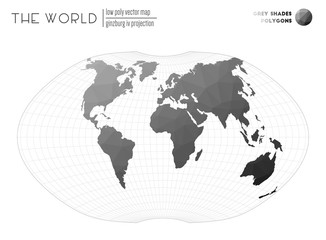 Abstract world map. Ginzburg IV projection of the world. Grey Shades colored polygons. Creative vector illustration.