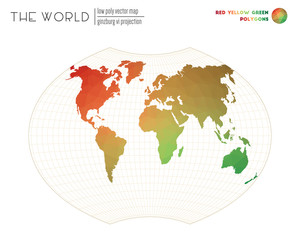 Polygonal world map. Ginzburg VI projection of the world. Red Yellow Green colored polygons. Beautiful vector illustration.