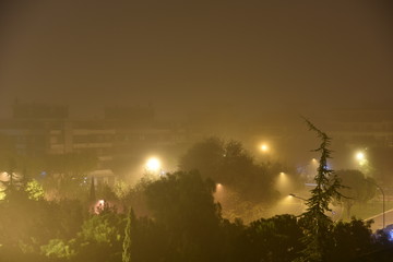 Foggy City by Night Illuminated by Lamps