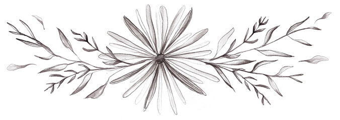 Black White Watercolor Floral Wreath, Floral Bouquet, Flower Ribbon, Sprig, Blossom
