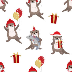 Cute otter in red costume for Christmas holidays and gift seamless pattern and background. Animal wildlife in winter cartoon character set. -Vector