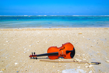 violin lying on the white beach by the ocean