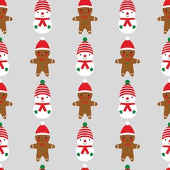 Seamless Christmas pattern with a cute gingerbread man and a snowman