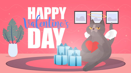 Happy valentines day banner. Funny postcard. Funny cat in a cupid costume holds a heart. Nice colors. Well suited for the design of postcards, posters, gift bags and backgrounds. Vector Illustration.