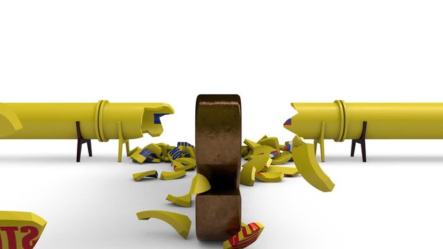 3D animation of the pipeline for gas transit from Russia to Europe, the EEC countries, and the destruction of the gas pipeline with the metal text "sanctions". The idea of an economic and of the gas w