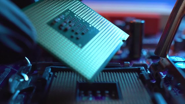 Engineer repairman holding hands CPU to insert into the socket of the motherboard. Technology hardware and repair in neon light